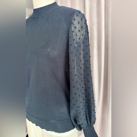 CeCe Black Mockneck Sweater with Sheer Dotted Sleeves - Picture 7 of 9